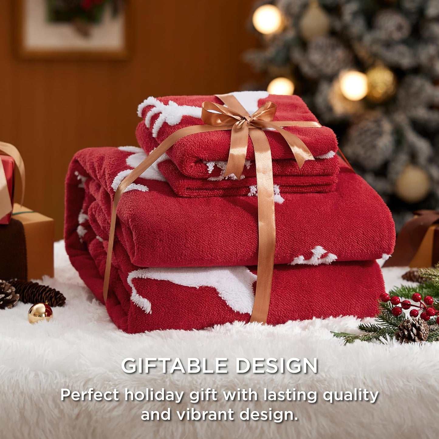 Bedsure Fluffy Christmas Duvet Cover Set - Ultra Soft Plush Shaggy Comforter Cover Queen Size, Warm Flannel Fleece Bed Sets for Winter, 3 Pieces, Reindeer Pattern, Red