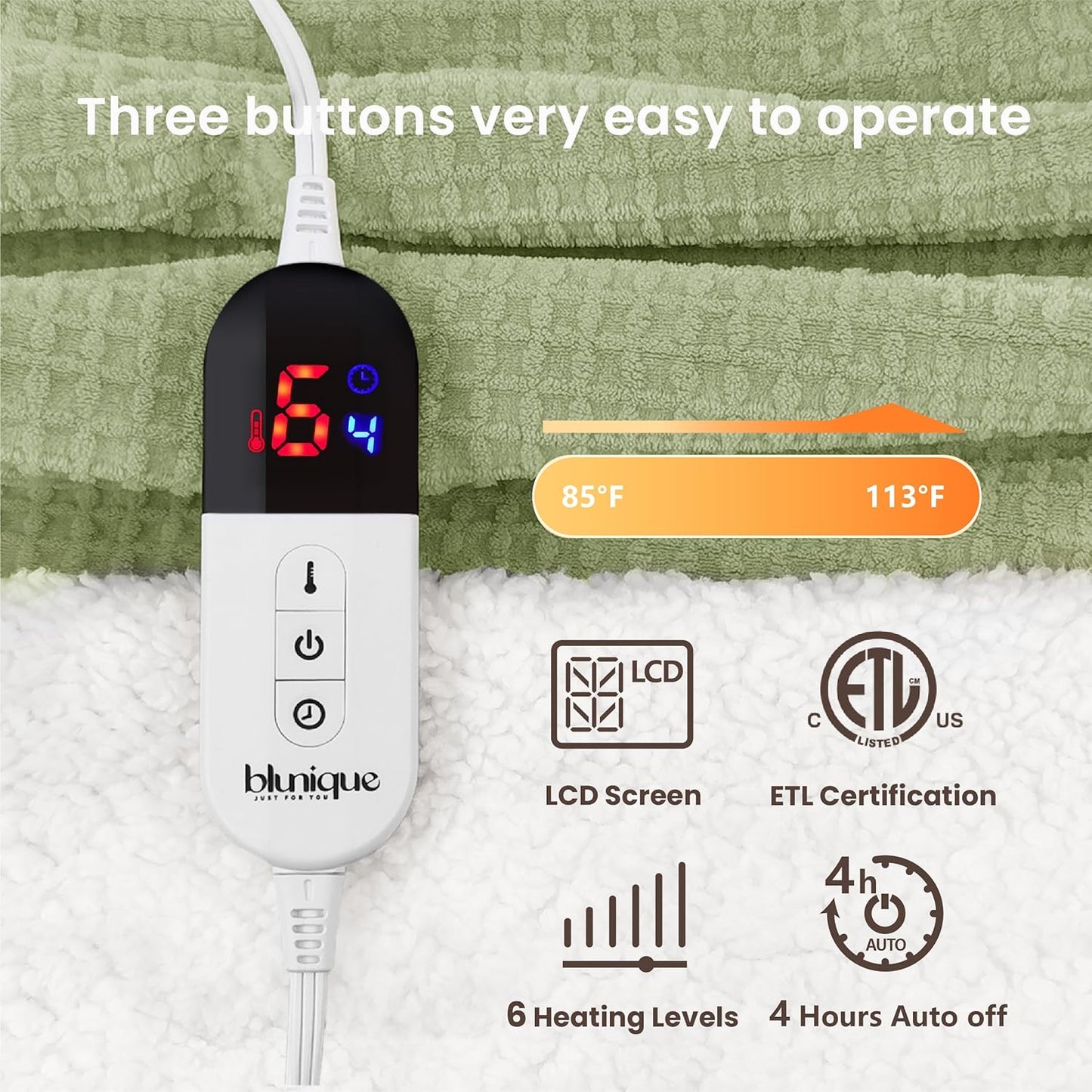 Heated Blanket Electric Throw Waffle, 50x60 Inches Sherpa Fleece Fast Heating Blanket 6 Heating Levels & 4 Hours Auto Off ETL Certification, Sage Throw