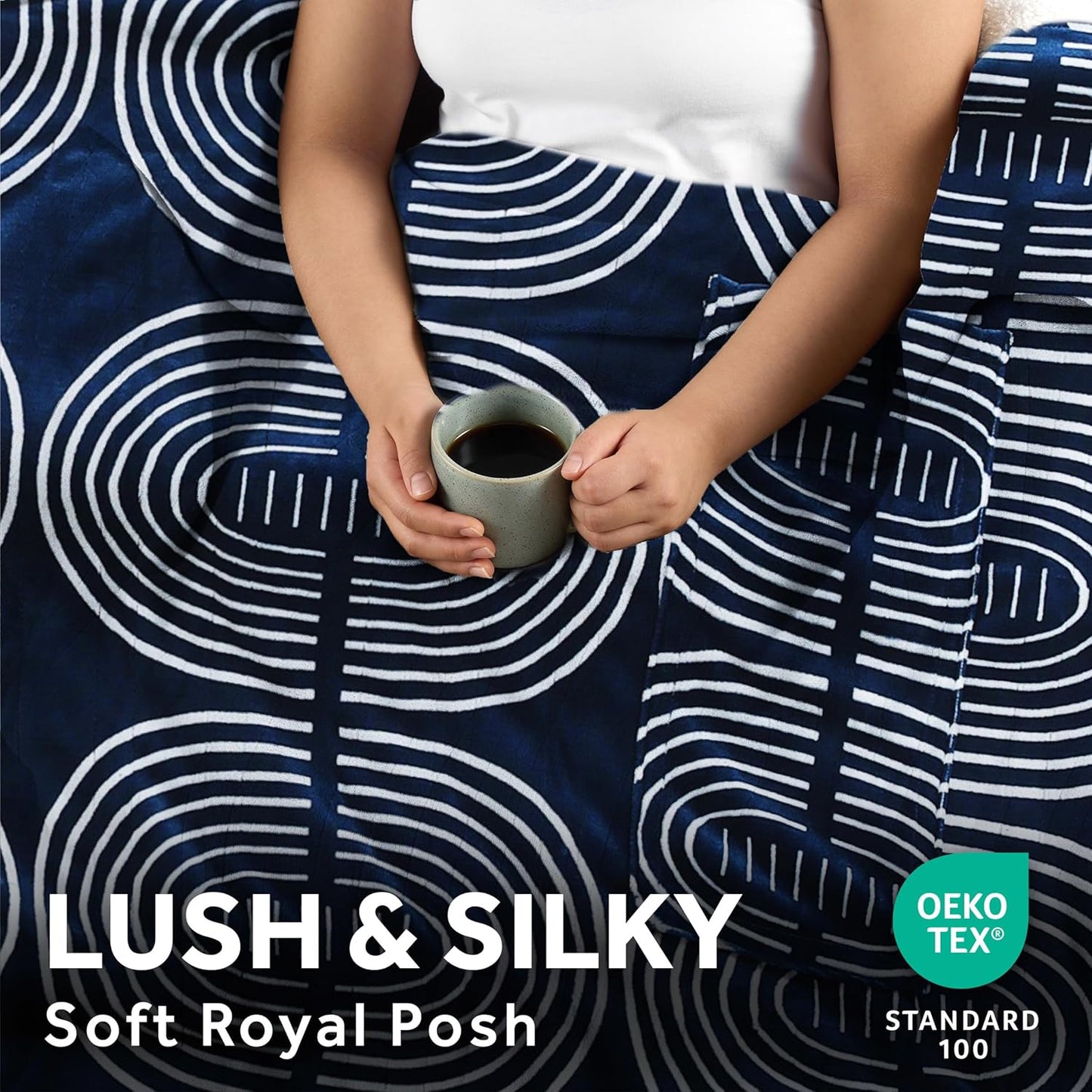 Sunbeam Ultimate Cozy Royal Posh Velvet Hand & Foot Pocket Heated Throw Electric Blanket, 50" x 72", 4 Heat Settings, 4-Hour Auto Shut-Off, Warming Throw for Couch, Machine Washable, Blue Rounds