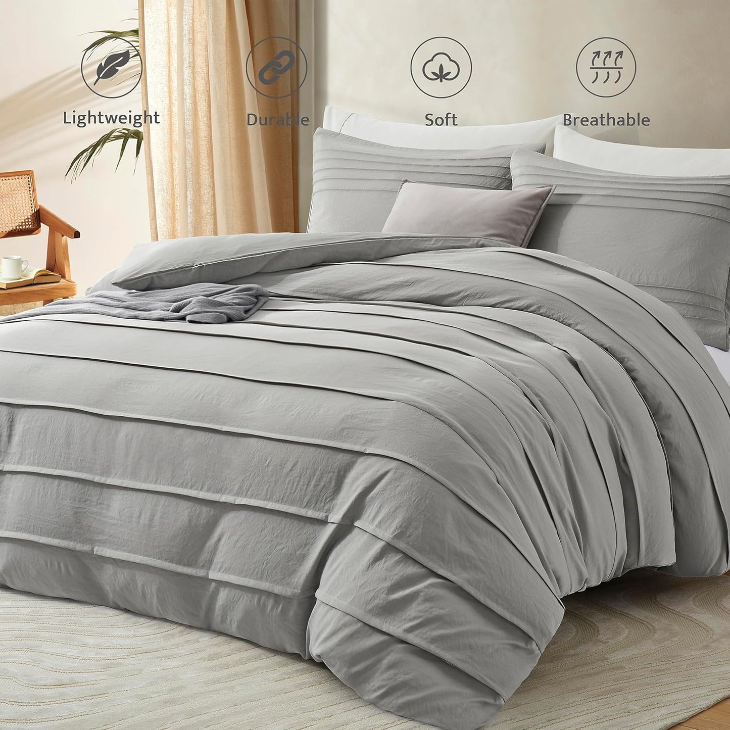 Oli Anderson Light Grey Duvet Cover Size - Pleated Queen Duvet Cover, 3PCS Soft and Breathable Textured Bedding Set with Zipper Closure(Light Grey,90"x90")
