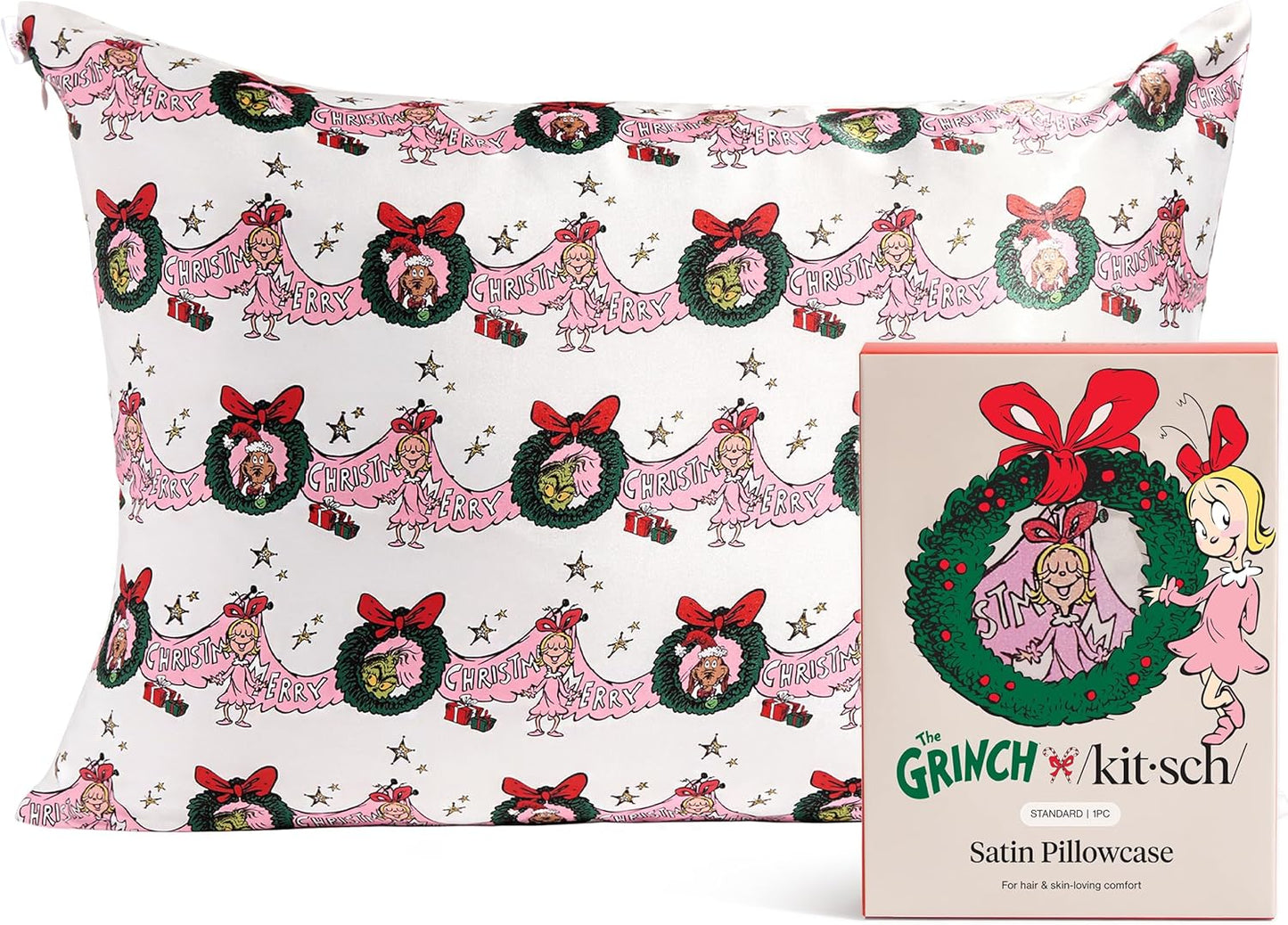The Grinch x Kitsch Satin Pillowcase with Zipper for Hair & Skin - Softer Than Silk Pillow Cases, Smooth Cooling Pillow Cover, Wrinkle-Free, Machine Washable, Queen/Standard (19x26)- Cindy Lou