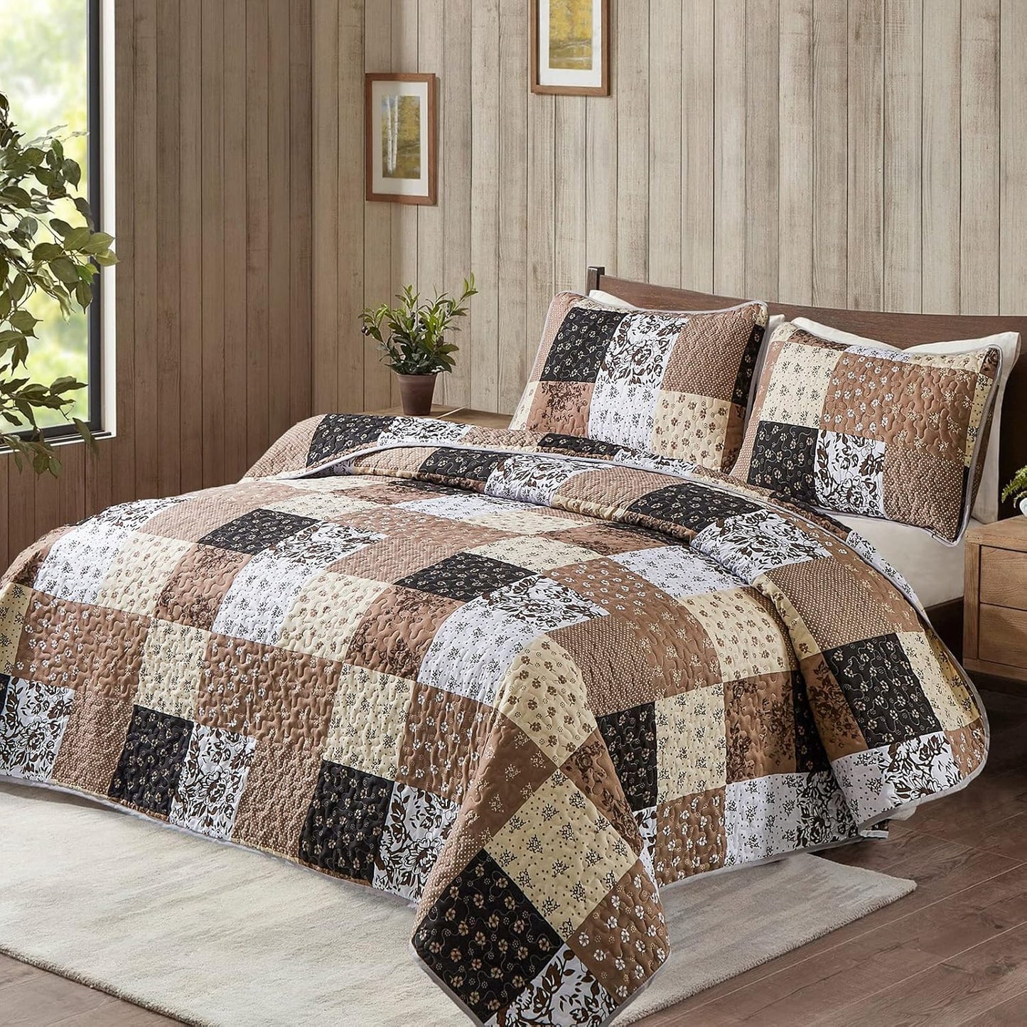 Mybedsoul Patchwork Quilt Set Queen Size,3 Pieces Brown Floral Plaid Patchwork Reversible Bedspread Coverlet Set for All Season,Summer Soft Microfiber Bedding Set Queen 90"x96"