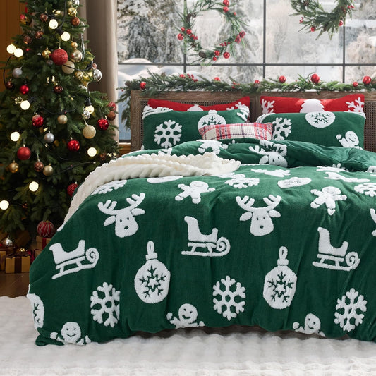 Bedsure Fluffy Christmas Duvet Cover Set - Ultra Soft Plush Shaggy Comforter Cover Twin Size, Warm Flannel Fleece Bed Sets for Winter, 2 Pieces, Gingerbread Man Pattern, Green