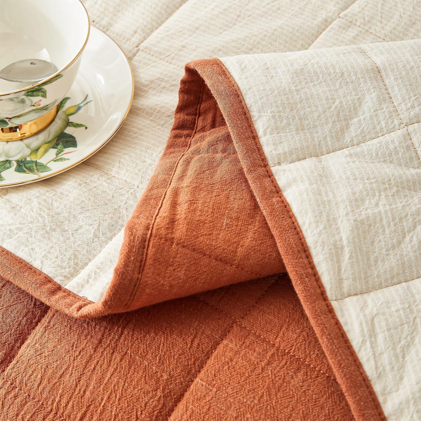 Cotton Quilt Bed Spreads, 3-Pieces Bedding Set with Coverlet Light Weight Quilt Blanket with 2 Pillow Shams (Burnt Orange, Queen)