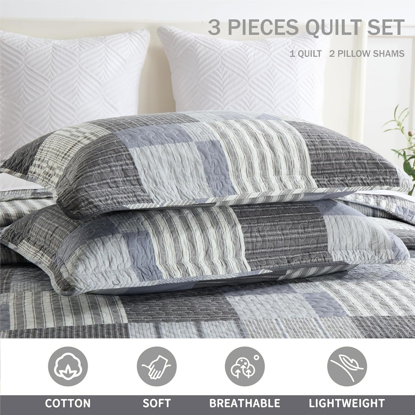 Homzard Grey Comforter Set,Cotton Plaid Striped Quilts Queen Size for The Bed,Reversible Geometric Queen Size Bedspread with 2 Pillow Shams,Lightweight 3 Piece Bedding All Season