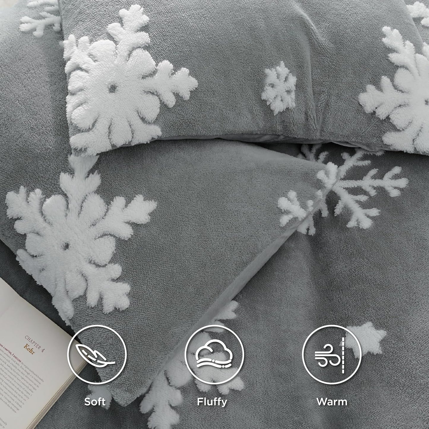 Bedsure Fluffy Duvet Cover Set - Ultra Soft Plush Shaggy Comforter Cover King Size, Warm Flannel Fleece Bed Sets for Winter, 3 Pieces, Snowflake Pattern, Grey