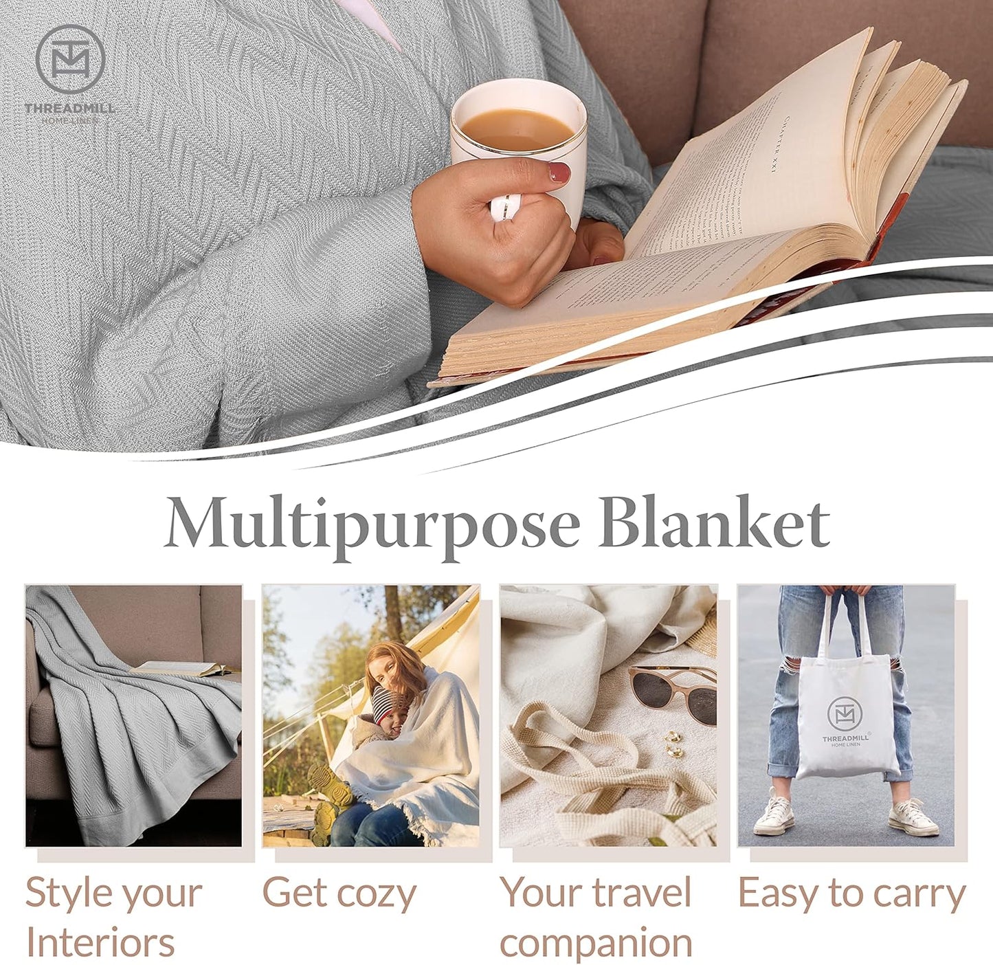 Threadmill Luxury Cotton Blankets for King Size Bed | All-Season Cozy 100% Cotton King Size Blanket | Herringbone Soft Fall Thermal Blanket fits California King Size Bed | Light Grey