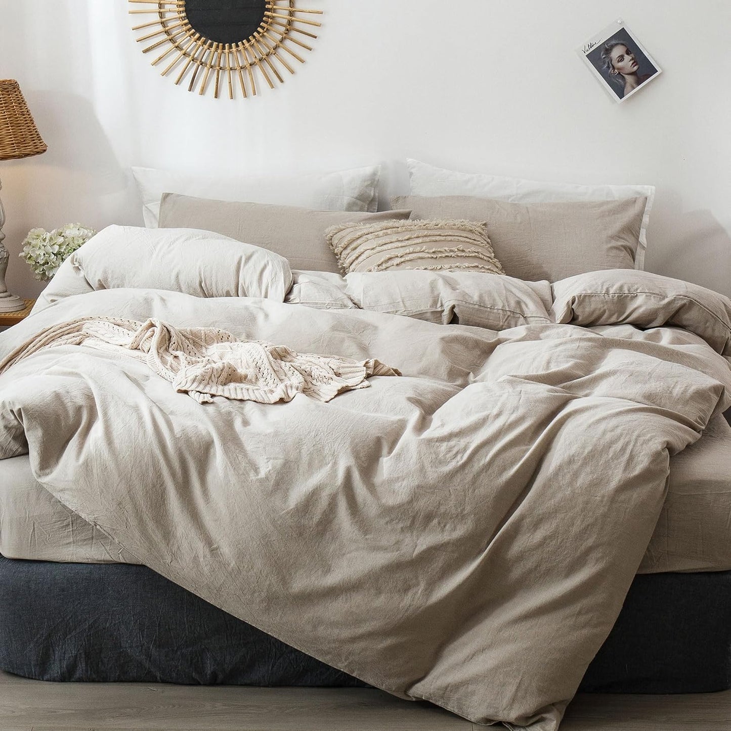 MooMee Bedding Duvet Cover Set 100% Washed Cotton Linen Like Textured Breathable Durable Soft Comfy (Heathered Tannish Linen Grey, Super King 108"x98")