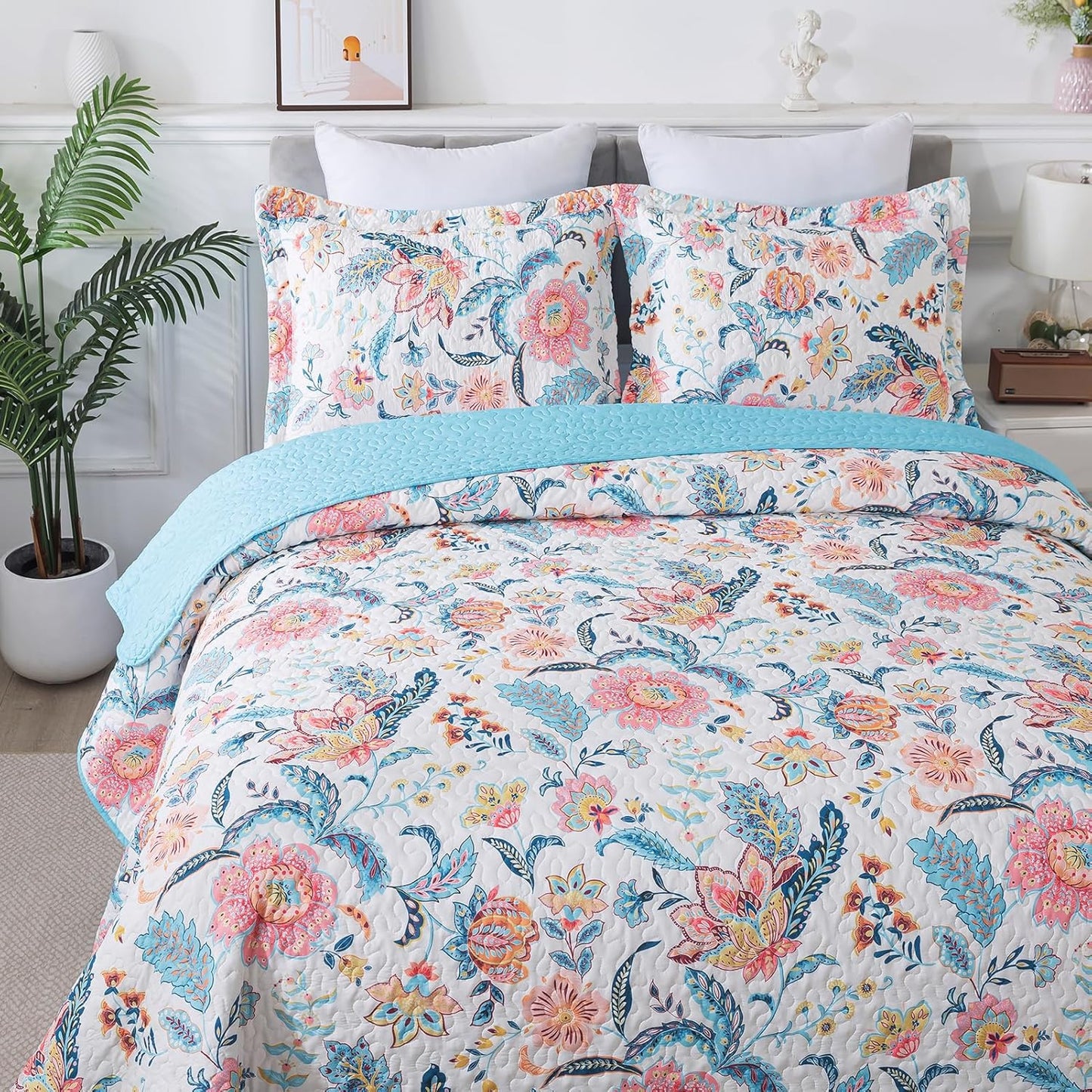 BEDIFANY Garden Cotton Filling Queen Size Quilt Set - Lightweight Bedspreads Queen Size (90 x 98 inch) with Colorful Floral Pattern - Farmhouse Queen Quilt Bedding Sets for Bed Coverlet, 3 Pieces