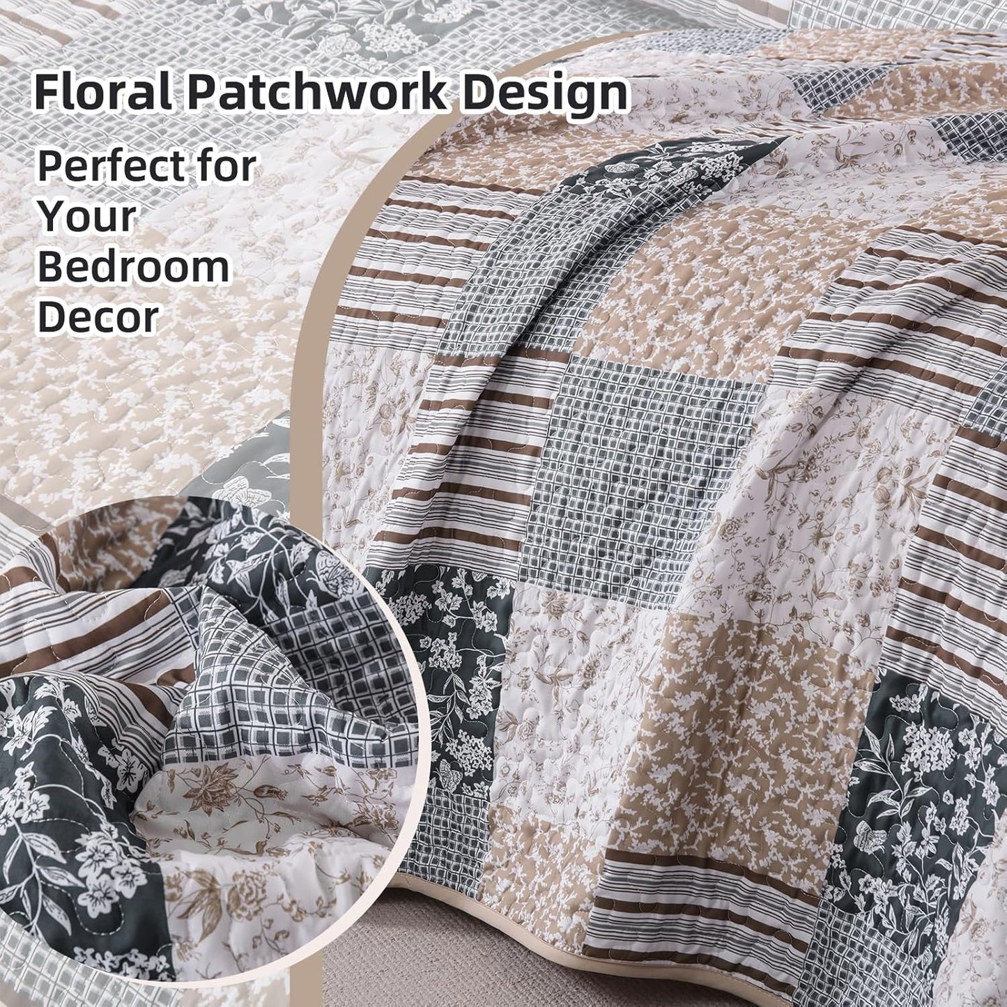 Mybedsoul Patchwork Quilt Set Queen Size, 3 Pieces Blue Brown Floral Plaid Bedspread Coverlet Set, Reversible Soft Microfiber Bedding Set for All Season, Fall Winter Queen 90"x96"