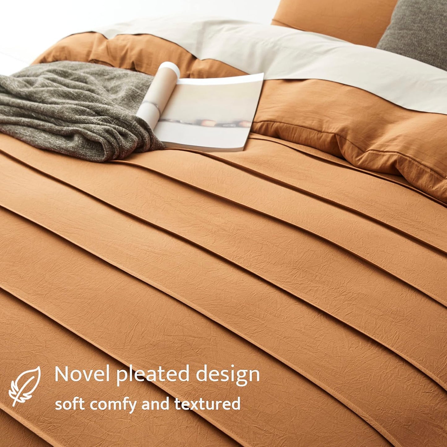 Oli Anderson Pumpkin Brown Duvet Cover Queen Size - Pleated Queen Duvet Cover, 3PCS Soft and Breathable Textured Bedding Set with Zipper Closure(Pumpkin Brown,90"x90")