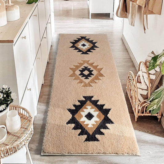 DEXDE Boho Bathroom Runner Rugs 24x60 Long Bath Mat for Bathroom Bedroom Hallway Kitchen Shower Luxury Soft Absorbent Large Bath Rugs Carpet Geometric Farmhouse Home Decor, Beige