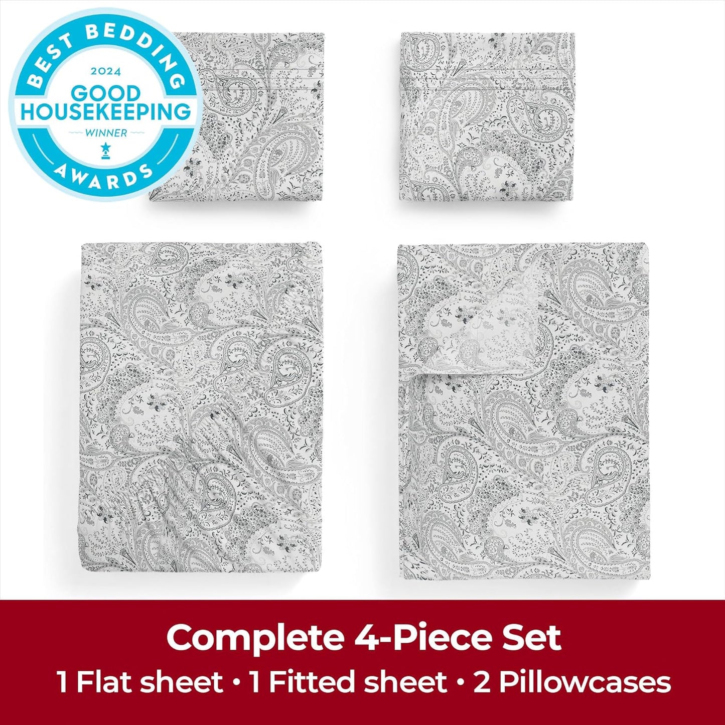 Mellanni King Sheets Set - 4 PC Iconic Collection Bedding - Hotel Luxury, Extra Soft, Cooling Bed Sheets - Wrinkle, Fade, Stain Resistant (King, Paisley Gray)