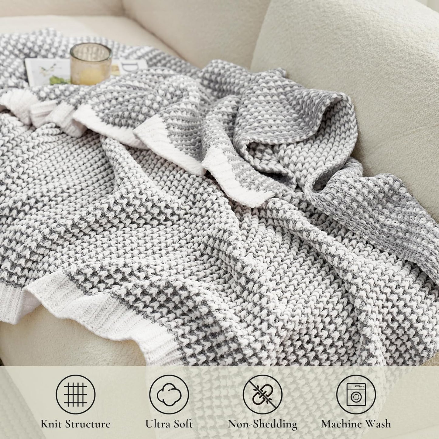 Amélie Home Waffle Chenille Throw Blanket for Couch, Pineapple Stitch Knit Soft Cozy Knit Blanket Decorative Throw for Sofa, Chair, 50"x60", Grey&Ivory