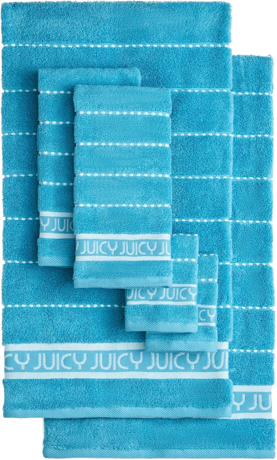 Juicy Couture Luxurious Plush Stripe 6-Piece Bath Towel Set - Pool Blue 100% Cotton - Soft and Stylish Towel Set for Ultimate Comfort and Elegance