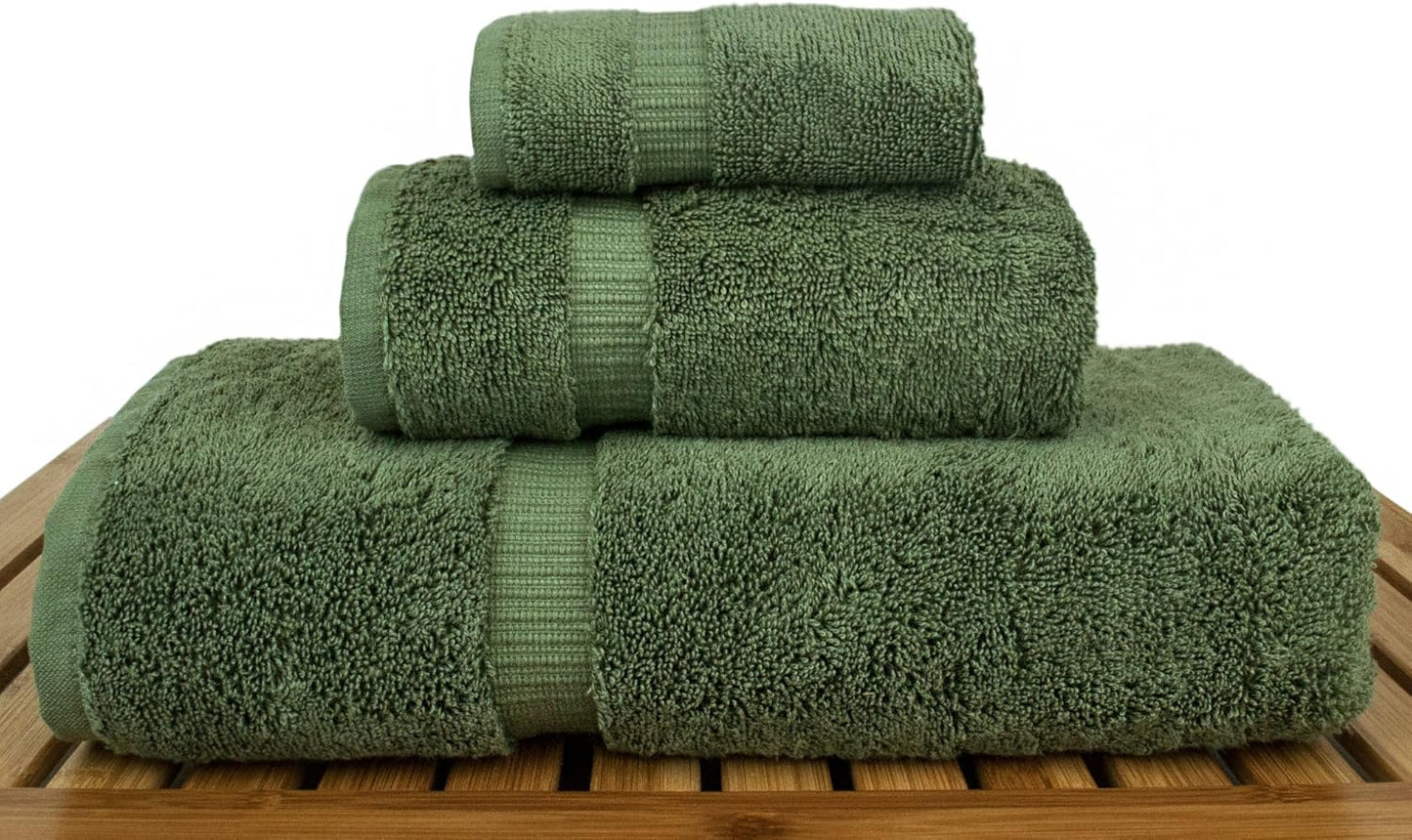 Luxury Hotel & Spa Quality Collection, Quick Dry 100% Turkish Cotton, 750+ GSM, Eco Friendly Towel Set, Bathroom and Kitchen Dobby Border Towels, Bath Towel, Hand Towel, Washcloths (3 Piece, Moss)