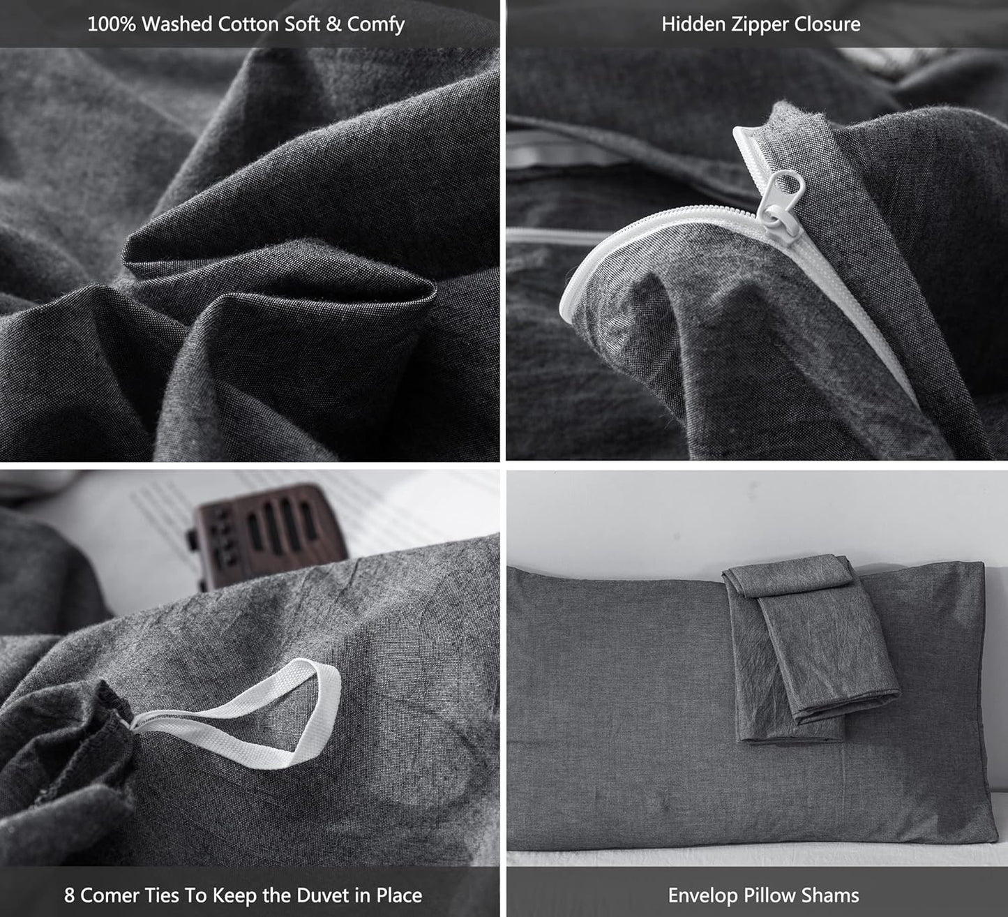 MooMee Bedding Duvet Cover Set 100% Washed Cotton Linen Like Textured Breathable Durable Soft Comfy (Heathered Dark Grey, Palatial King/Oversized King 120"x98")