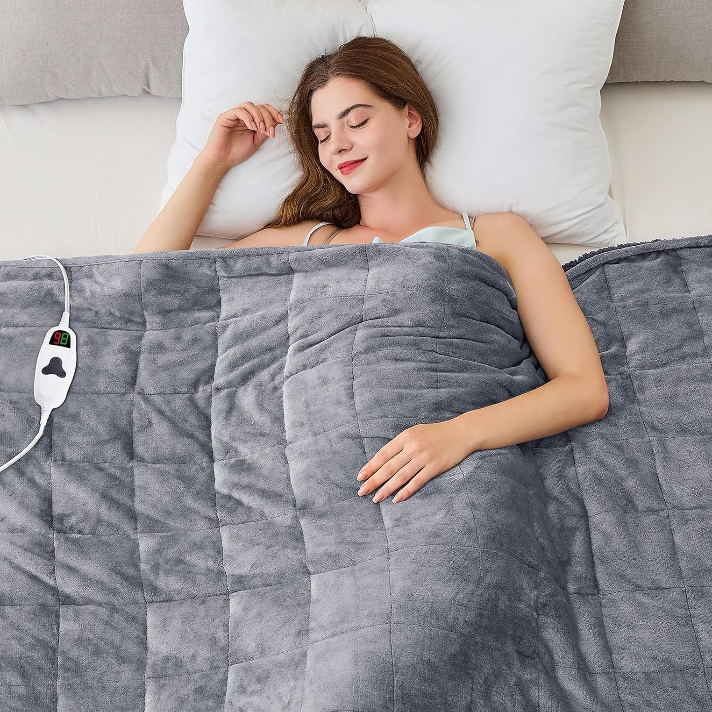 CYMULA Heated Weighted Blanket for Adults, Weighted Heated Blanket 48" x 72", 15lbs Sherpa Fleece Weighted Electric Blanket Soft Heating Blanket with 10 Heating Levels & 1-8 Hours Auto Off, Light Gray