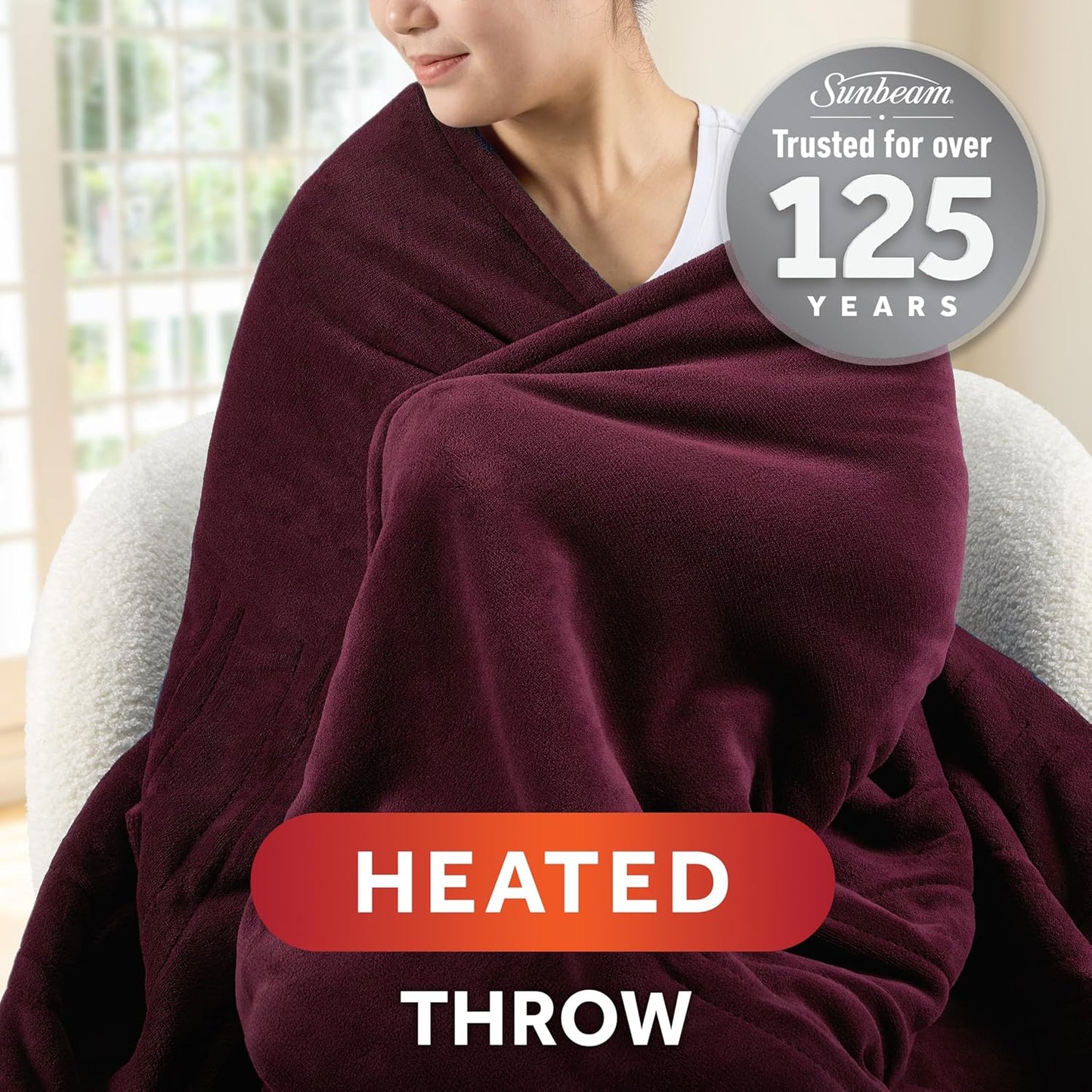 Sunbeam Electric Throw Royal Luxe Microplush Heated Blanket, 4 Heat Settings, 4-Hour Auto Shut-Off, Fast Heating, Warm and Cozy, Cabernet Red Color, 50" x 60"