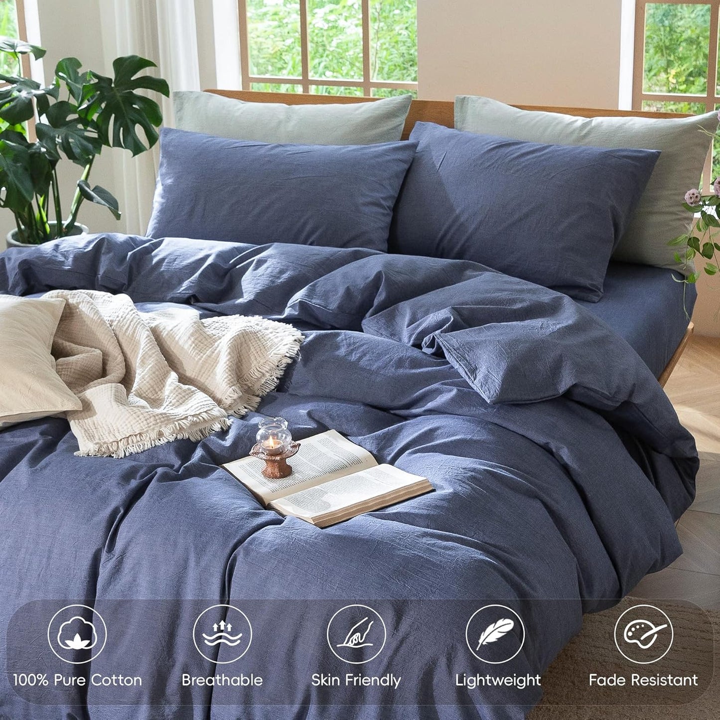 MooMee Bedding Duvet Cover Set 100% Washed Cotton Linen Like Textured Breathable Durable Soft Comfy (Heathered Blue, Super King Plus 120"x120")