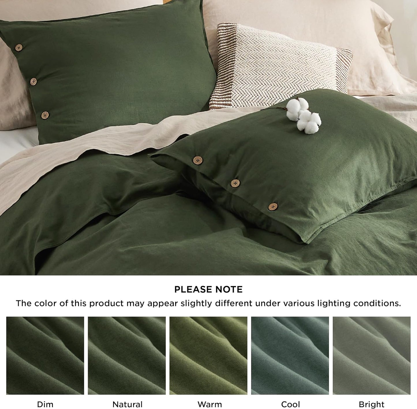 Bedsure Linen Duvet Cover King Size - Linen Cotton Blend Bedding Set, Soft & Cozy, 3 Pieces, 1 Duvet Cover 104x90 and 2 Pillowcases, Olive Green Color Cooling Bedding, Comforter Sold Separately