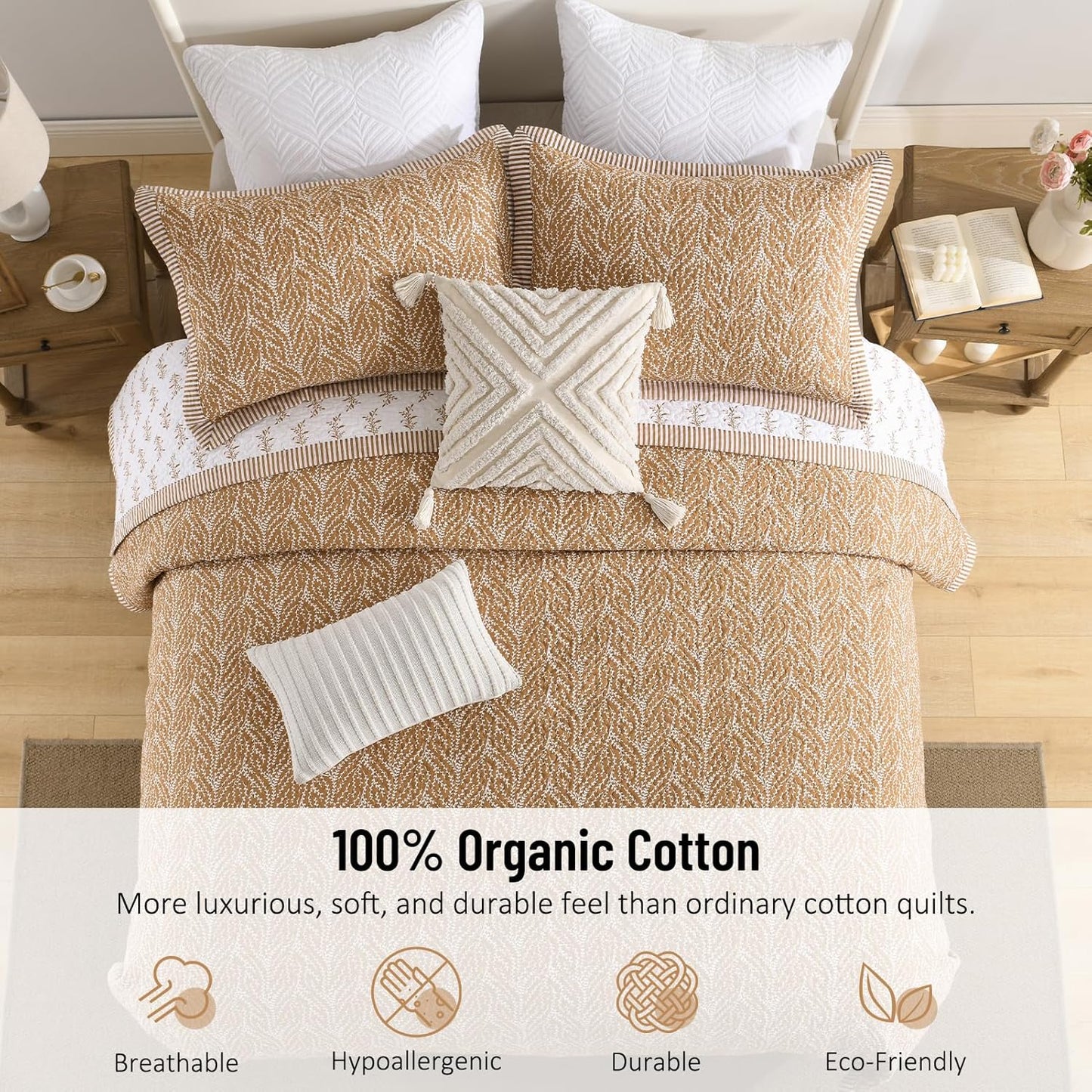 Quilt Set King Size - 100% Cotton Floral Reversible Bedspread Bedding Set, Lightweight Bed Quilts Botanical Pattern Comforter Cover with 2 Pillow Shams, 3-Piece All Season, Orange, 98x106