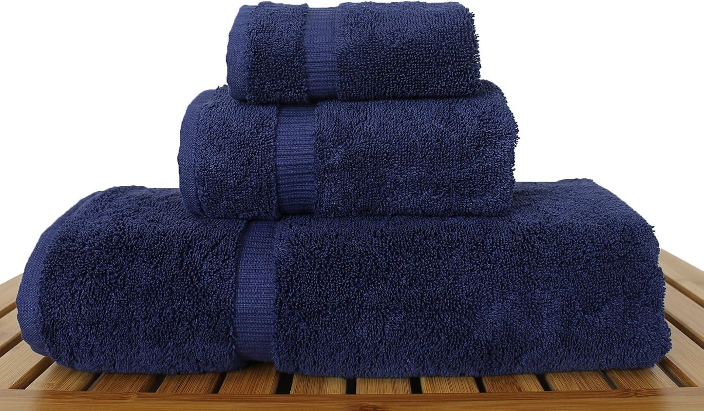 Luxury Hotel & Spa Quality Collection, Quick Dry 100% Turkish Cotton, 750+ GSM, Eco Friendly Towel Set, Bathroom and Kitchen Dobby Border Towels, Bath Towel, Hand Towel, Washcloths (3 Piece, Navy)