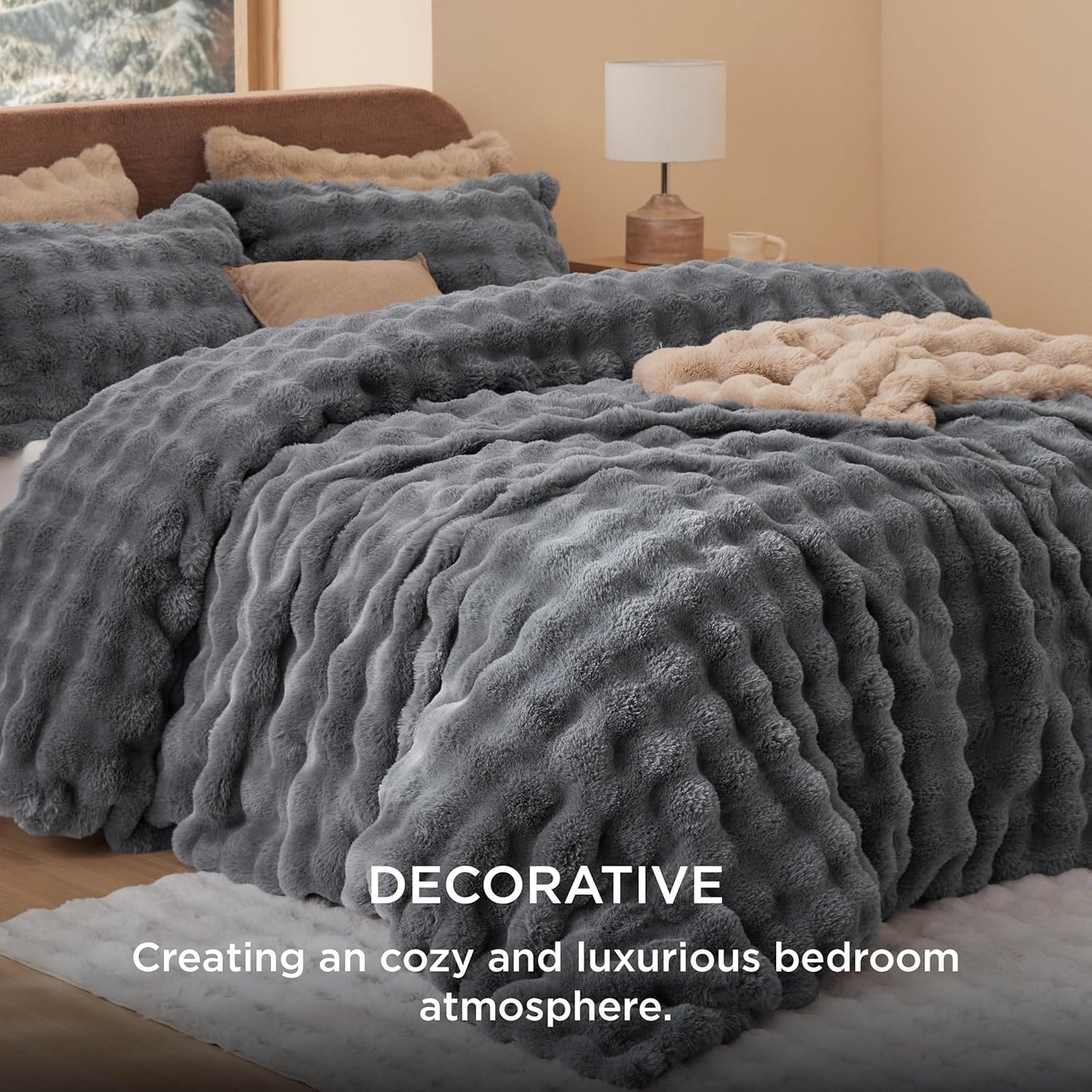Bedsure Luxurious Faux Fur Duvet Cover Queen Size Set - Ultra Soft & Fluffy & Cozy & Warm - Elegant Shaggy Bubble Design Bedding with Duvet Cover and Pillow Shams, Grey