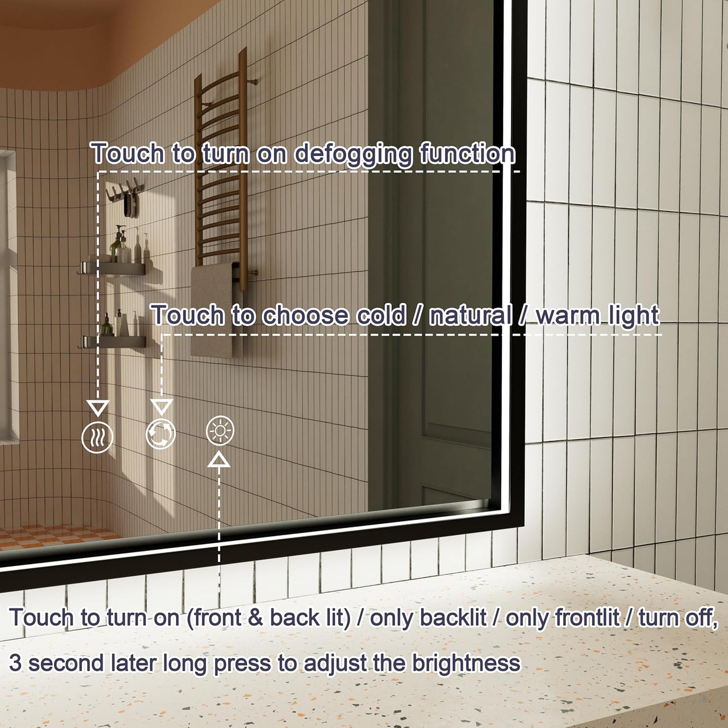 40x30 Inch Black LED Bathroom Mirror with Front and Back Lights, Adjustable 3000K/4500K/6000K, Wall-Mounted Framed Lighted Bathroom Vanity Mirrors, Anti-Fog, Dimmable, Horizontal/Vertical