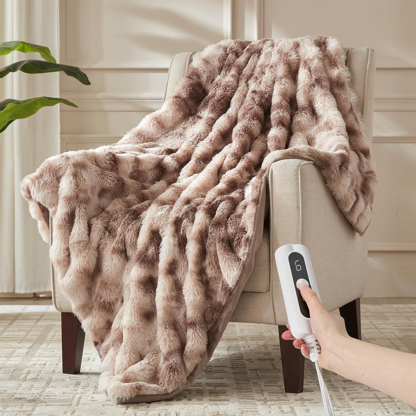 Heated Throw Blanket - Plush Thick Bubble Faux Fur Heated Blanket, Fast Heating Electric Blanket 6 Heating Levels & 4 Hours Auto-Off, Machine Washable, 50"x60", Patterned Taupe