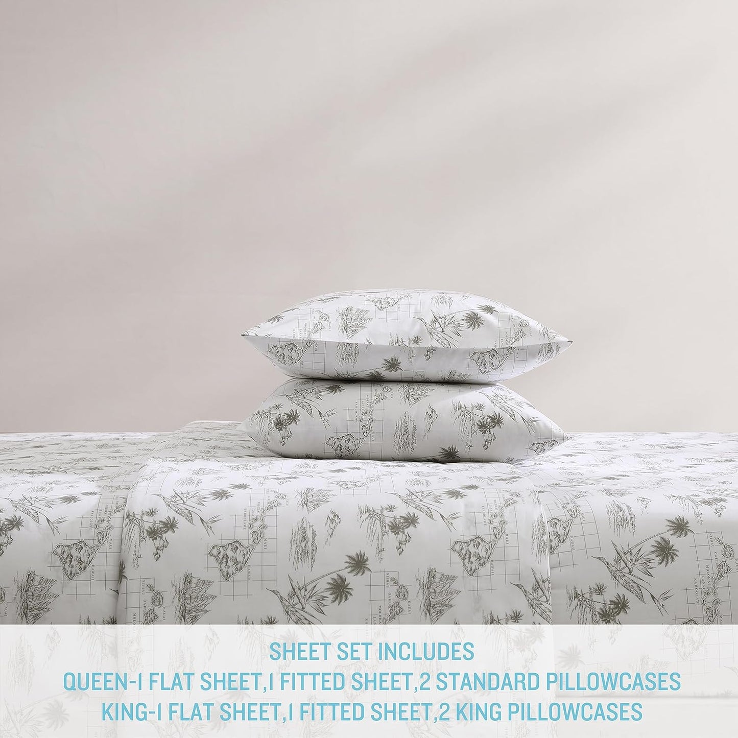Tommy Bahama - King Sheets, Cotton Percale Bedding Set, Crisp & Cool, Stylish Bedding Set (Vintage Map Brown, King)