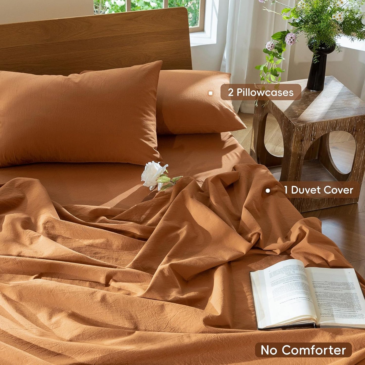 MooMee Bedding Duvet Cover Set 100% Washed Cotton Linen Like Textured Breathable Durable Soft Comfy (Solid Burnt Orange, Queen 90"x90")