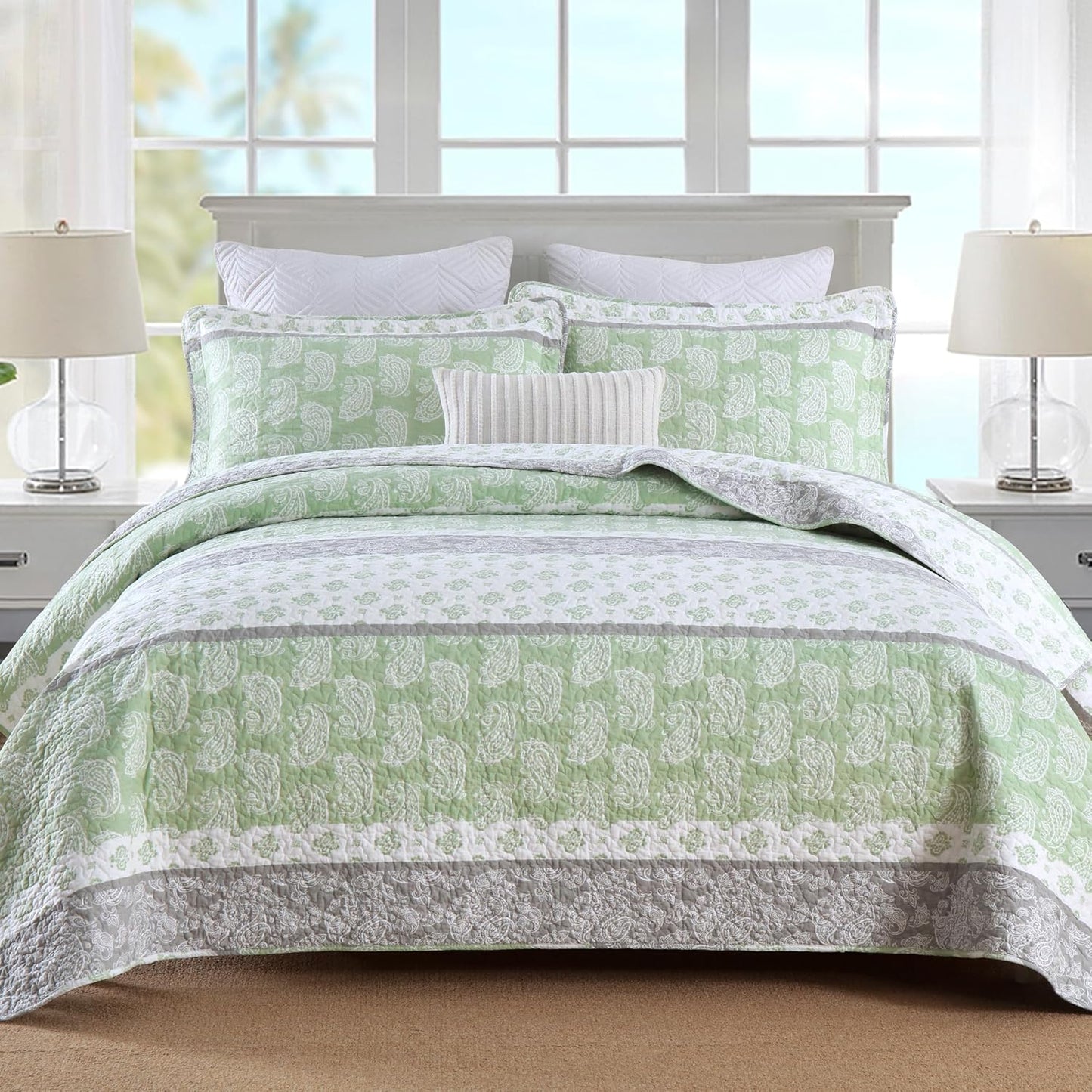 Quilts Queen Size, Cotton Comforter Set, Sage Green Bedding Queen Size, Farmhouse Striped Bedspreads, Lightweight All Seasons 3 Piece