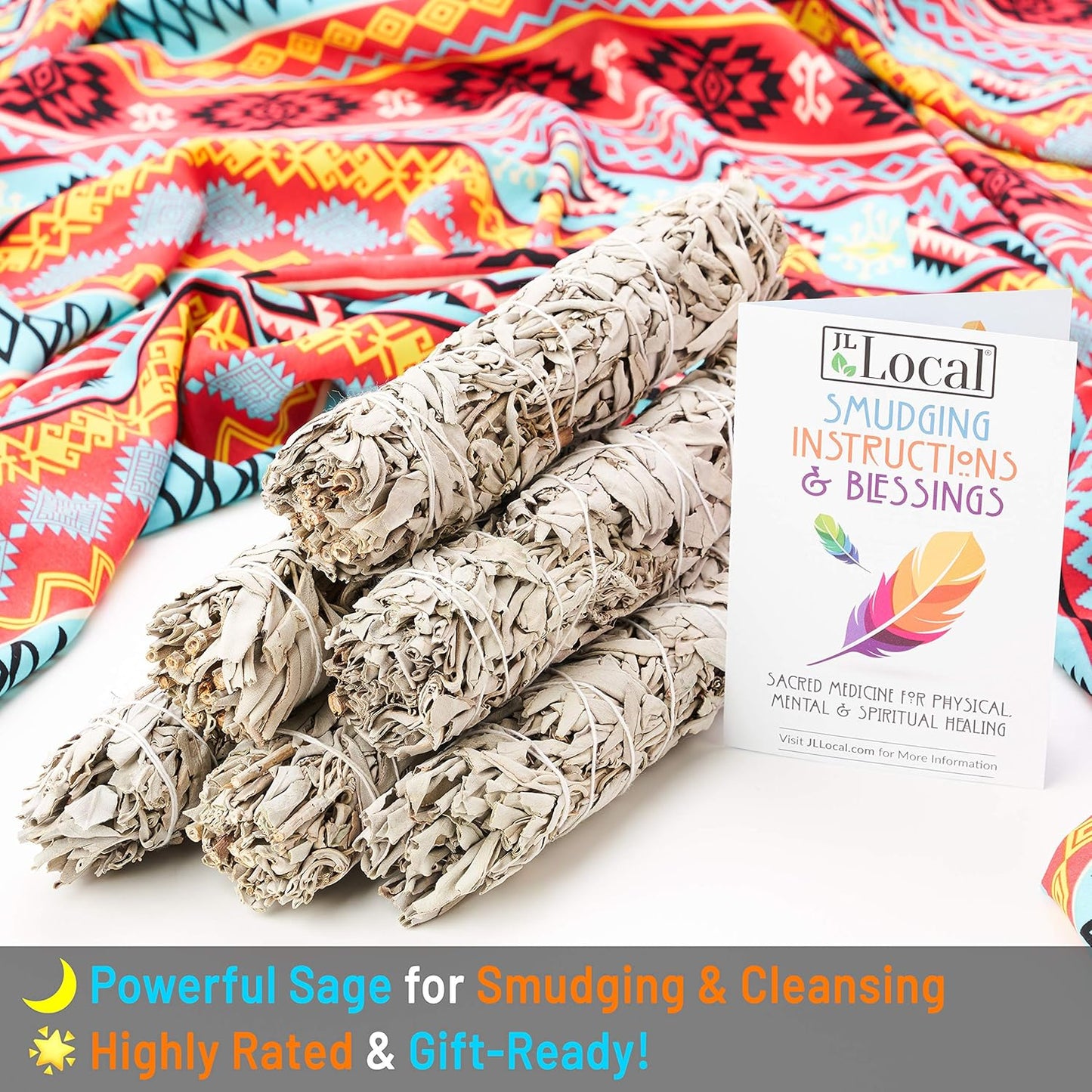 JL Local Wanderlust 9” White Sage Smudge Stick - Extra Large Smudging Wand Incense Stick for Cleansing, Purifying, Healing, Meditation, Yoga, Blessing (6 Pack)