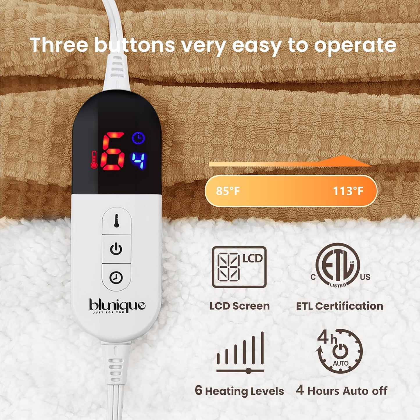 Heated Blanket Electric Throw Waffle, 50x60 Inches Sherpa Fleece Fast Heating Blanket 6 Heating Levels & 4 Hours Auto Off ETL Certification, Caramel Throw