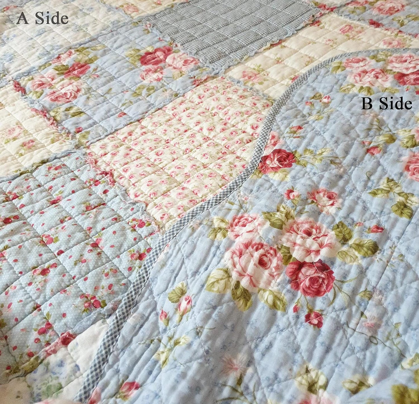 Cozyholy Original 100% Cotton Patchwork Quilt Twin Size Blue Floral Bedspread Coverlet Reversible Vintage Shabby Chic Quilted Throw Blanket Bed Quilt Cover for Couch Sofa