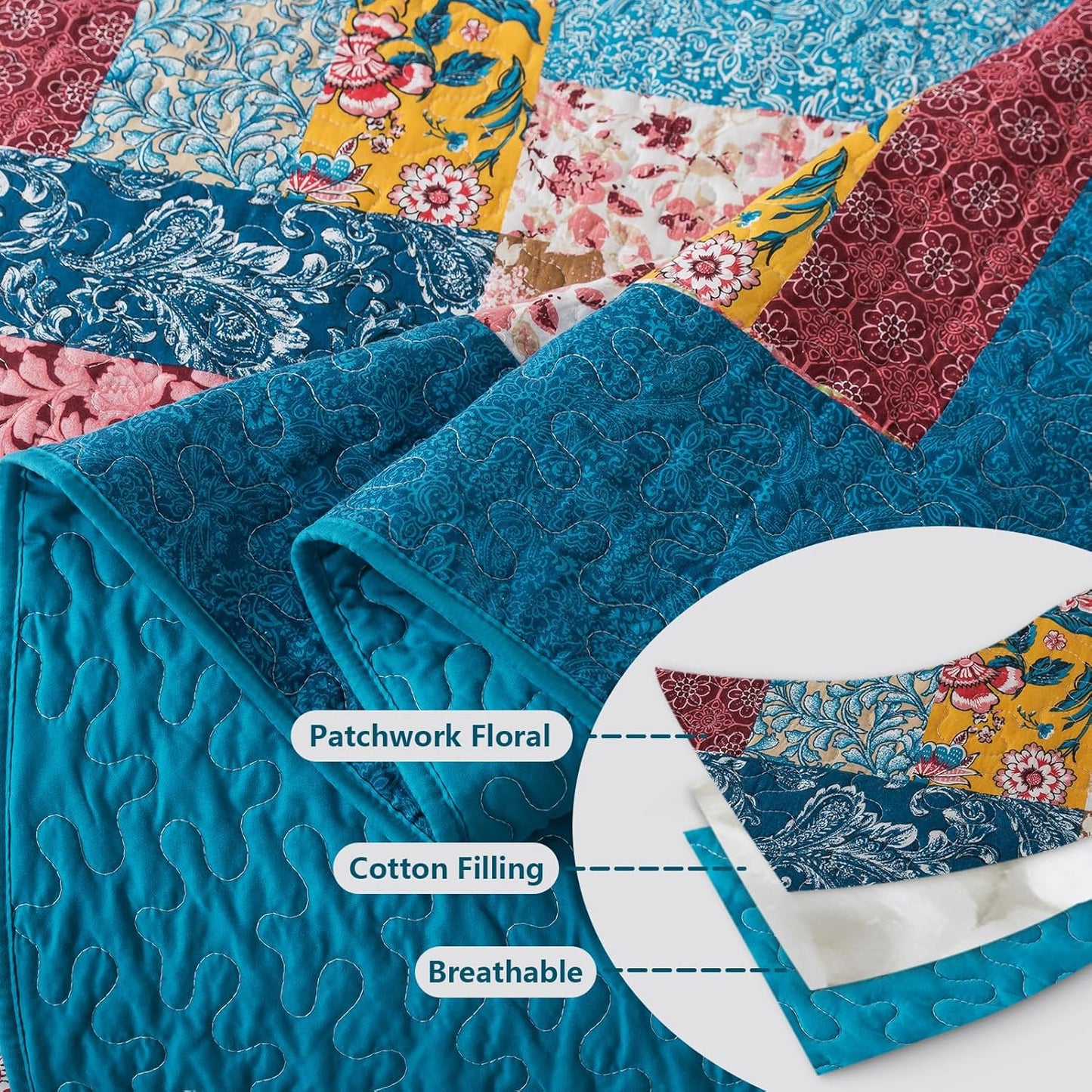 BEDIFANY Cotton King Quilt Set - Modern Farmhouse Bedspread with Vibrant Floral Pattern, 3-Piece Lightweight Coverlet (98x106 Inch) + 2 Pillow Shams, All Seasons Multicolor Quilt Bedding Set