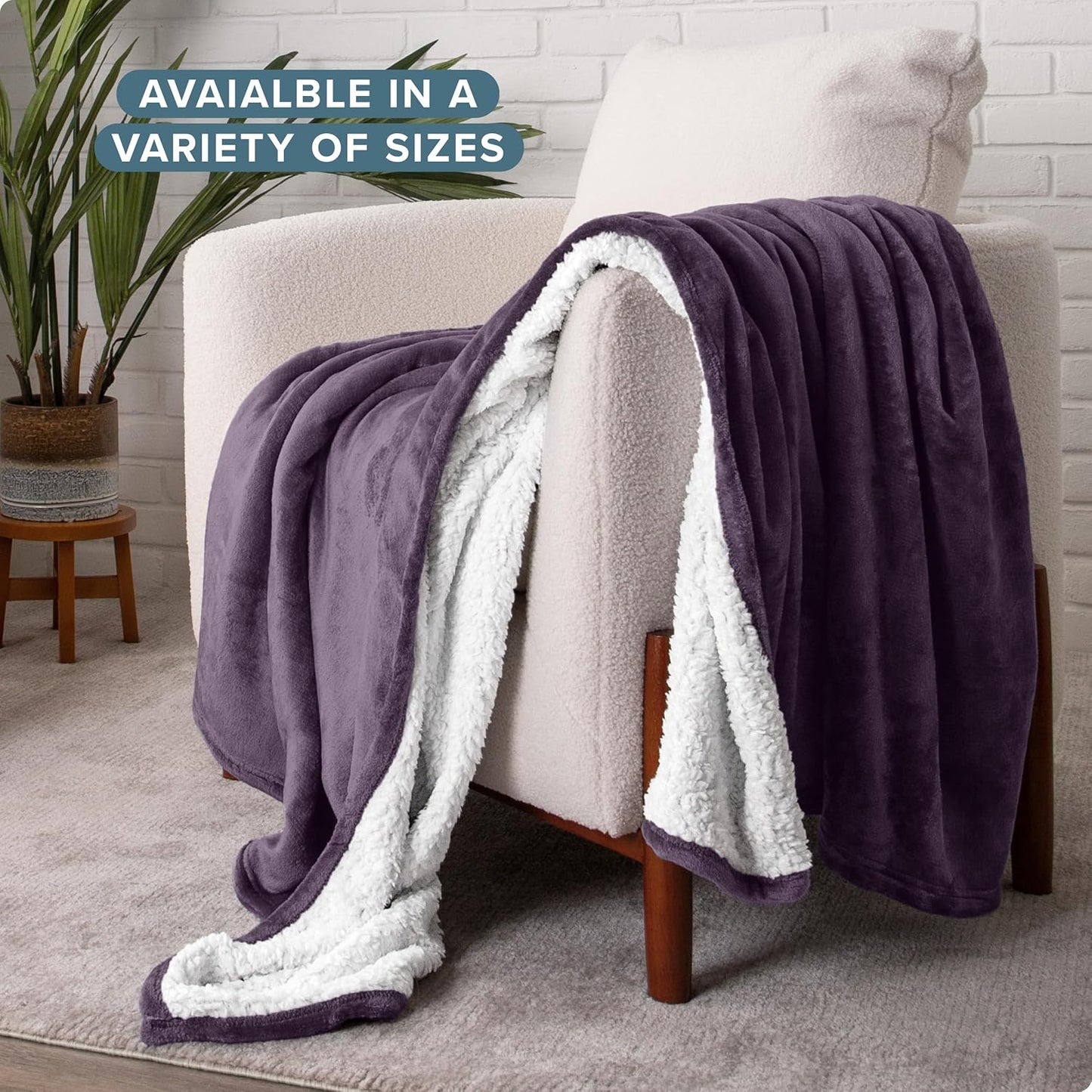 Bare Home Sherpa Fleece Blanket - Full/Queen Size - Blanket for Bed, Sofa, and Couch - Warm & Lightweight - Fluffy & Soft - Reversible (Full/Queen, Eggplant)