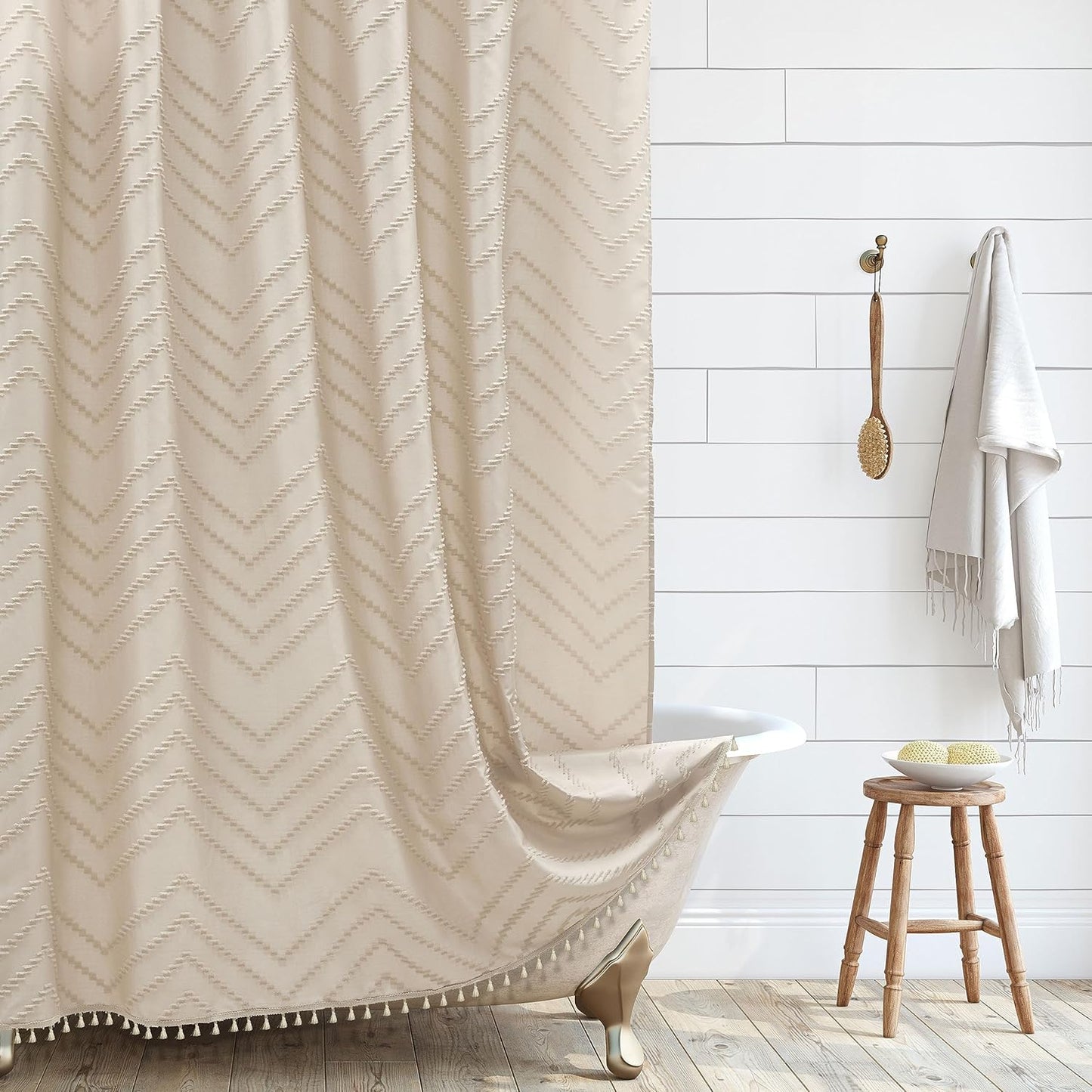 Farmhouse Boho Shower Curtain, Woven Fabric Beige Long, 72 x 78, Tufted Chevron Striped Modern Chic Textured Minimalist Bathroom Shower Curtain