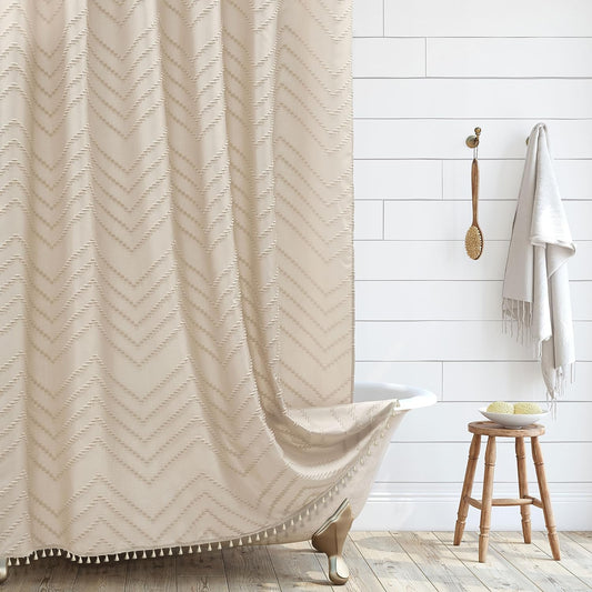 Farmhouse Boho Shower Curtain, Woven Fabric Beige Long, 72 x 78, Tufted Chevron Striped Modern Chic Textured Minimalist Bathroom Shower Curtain