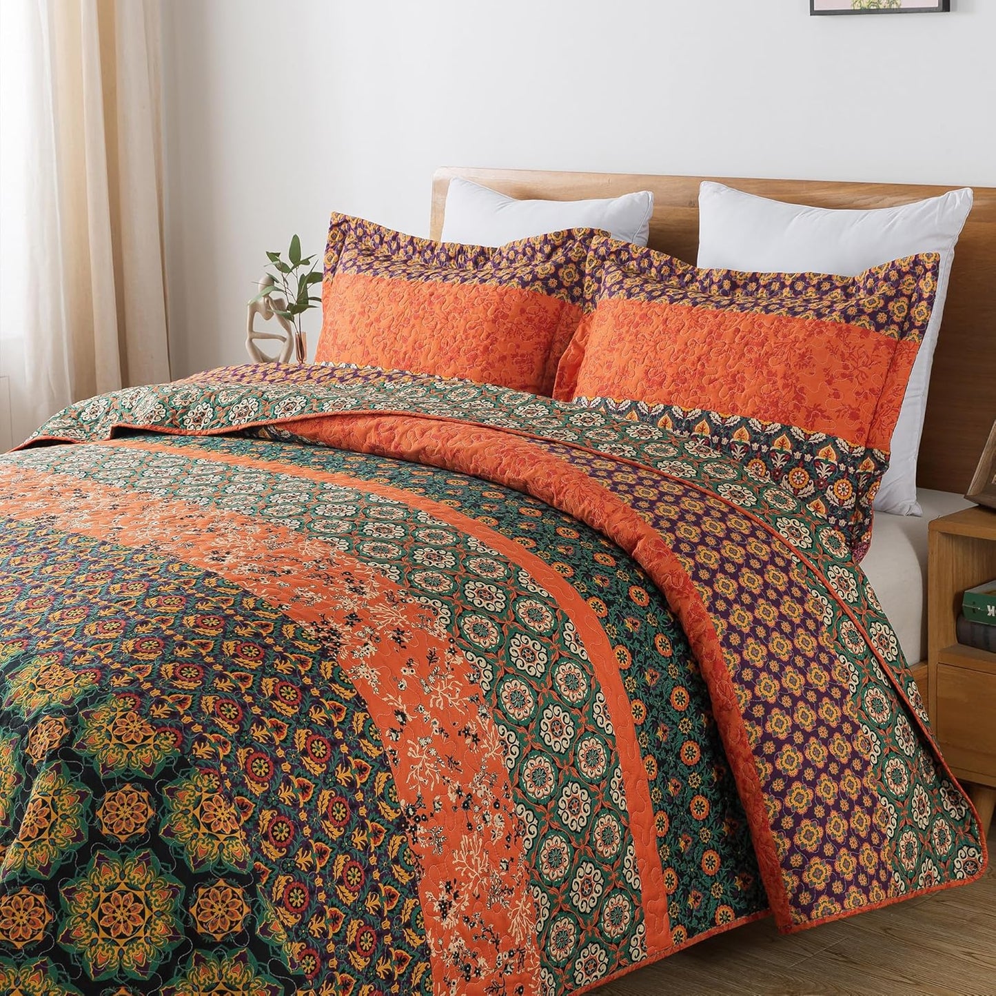 HoneiLife Quilt Sets King Size - 3 Pieces Microfiber Quilt Lightweight Bedspreads Wildflower Coverlets Retro Bed Cover King Quilt Bedding Set All Season Quilts-Pumpkin