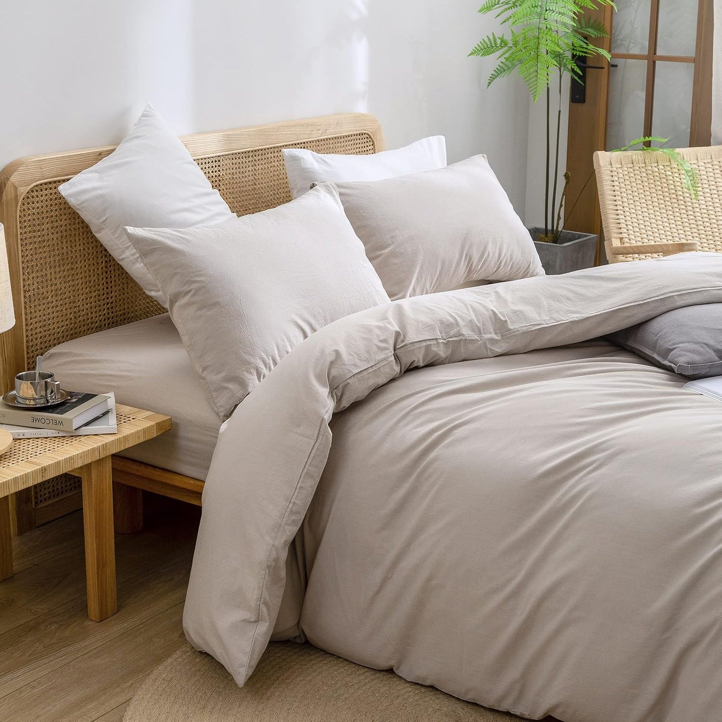 BESTOUCH Duvet Cover Set 100% Washed Cotton Linen Feel Super Soft Comfortable Chic Lightweight 3 PCs Home Bedding Set Solid Linen Grey Oversized Queen