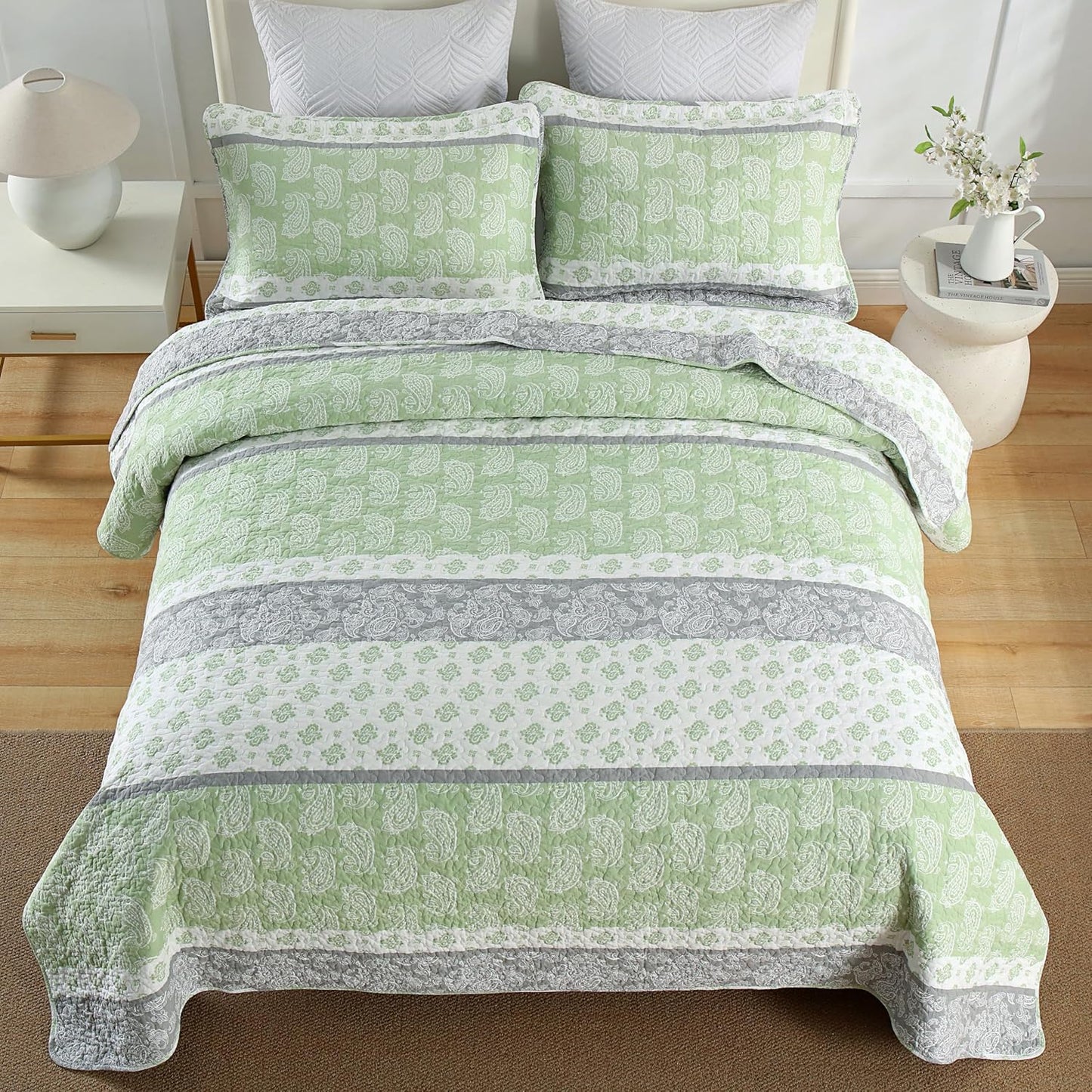 Cotton Quilt King, Sage Green Comforter Set, Green/White/Grey Striped King Bedspread,Farmhouse Quilt Bedding Set, Luxury Lightweight 3 Piece