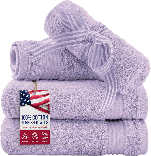 American Veteran Towel, 100% Cotton Turkish Washcloths for Bathroom Essentials 4 Pack, Soft Absorbent Wash Cloths Quick Drying Small Towels Washrags, Lilac