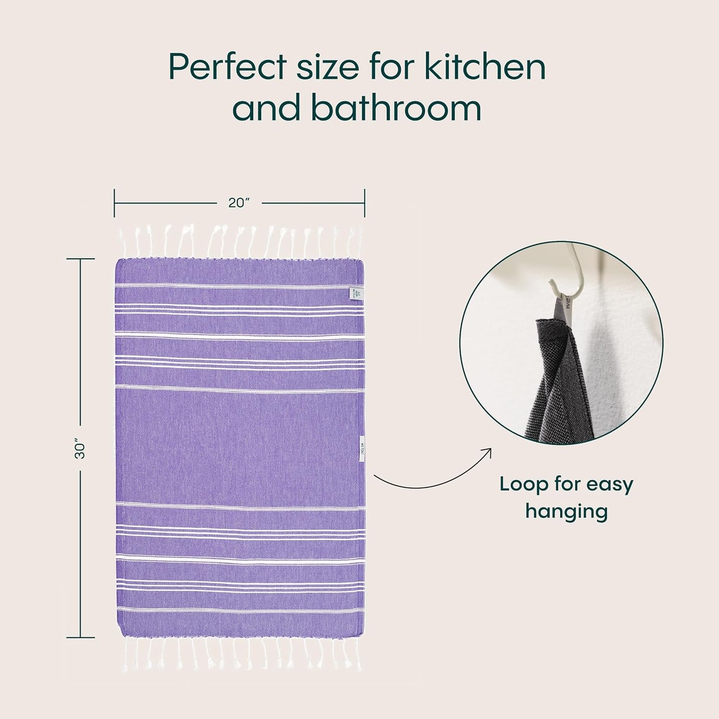 WETCAT Turkish Hand Towels with Hanging Loop, Set of 2 (20" x 30") 100% Turkish Cotton, Pre-Washed, Quick Drying, for Kitchen or Bathroom - Dark Purple