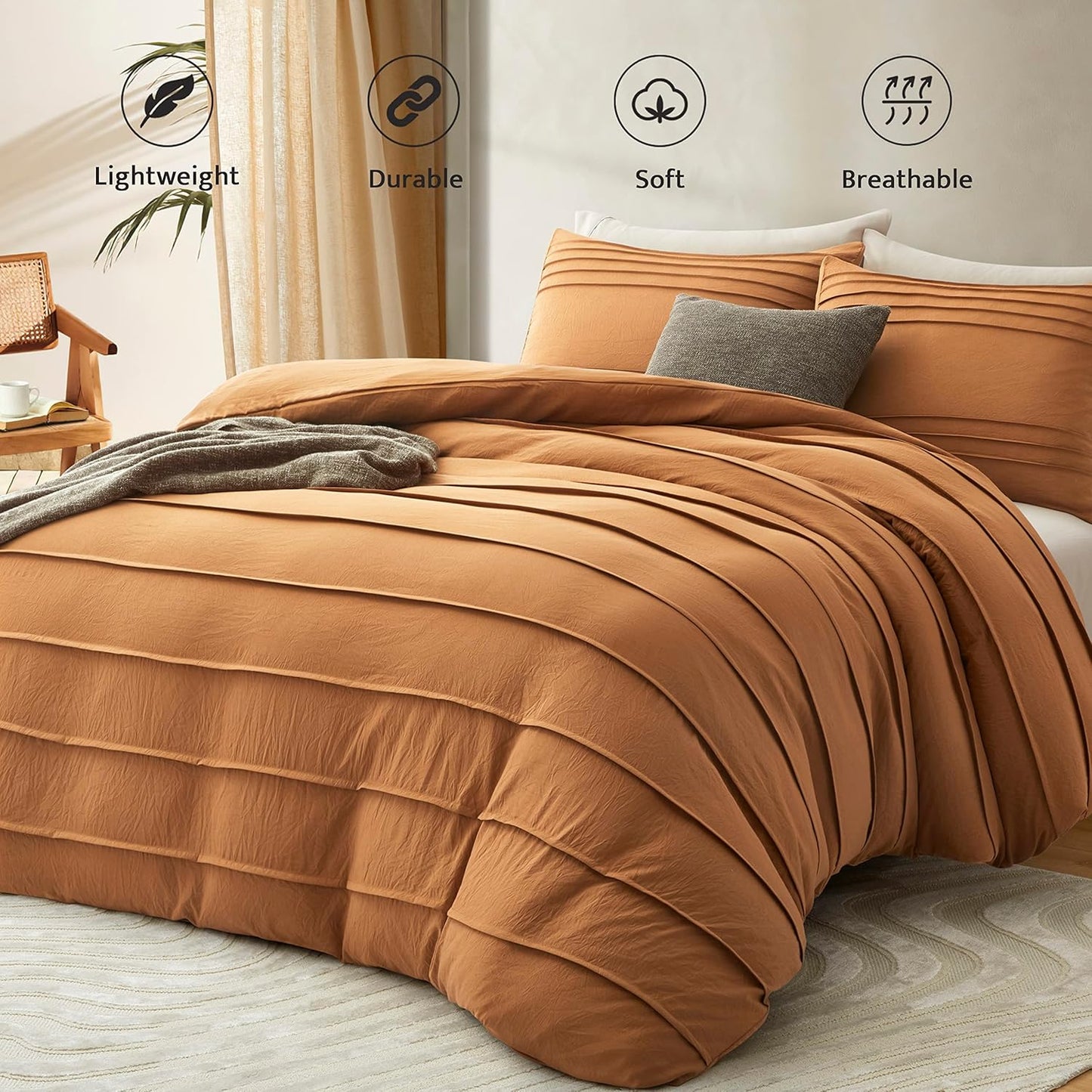 Oli Anderson Pumpkin Brown Duvet Cover King Size - Pleated King Duvet Cover, 3PCS Soft and Breathable Textured Bedding Set with Zipper Closure(Pumpkin Brown,104"x90")
