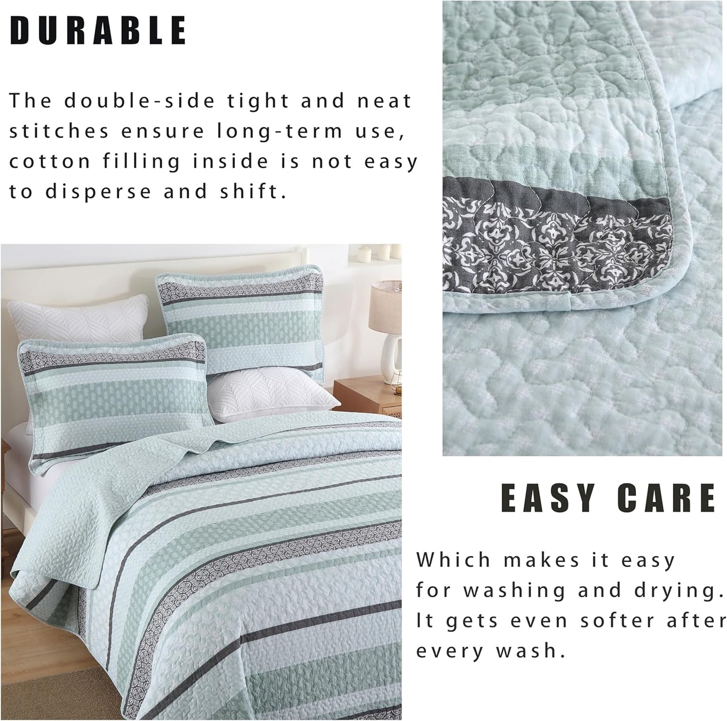 Homzard Quilts Queen Size,Cotton Queen Comforter Set,Mint Green Grey Bed Set,Striped Bedding,Lightweight Bedspreads All Season 3 Piece