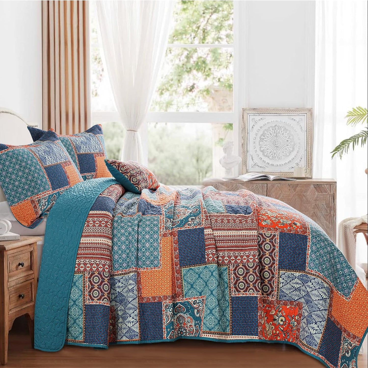 BEDIFANY 3 Pieces Cotton King Size Quilt Sets, Lightweight Bedspread King Size Soft Farmhouse King Quilt Bedding Sets for Bed Decorations for All Seasons,Orange