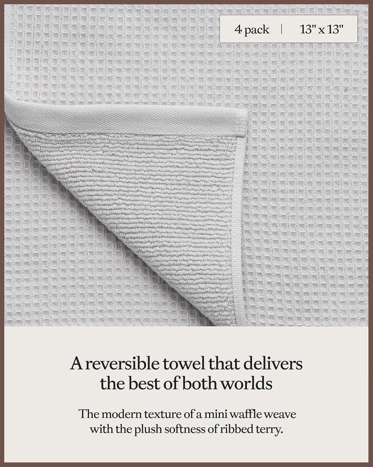 Cozy Earth Waffle Washcloths - 60% Cotton 40% Viscose from Bamboo Washcloths 13 x 13 Inches - Soft & Absorbent Terry, Reversible Mini Textured Waffle & Weave Pattern - 4 Pack