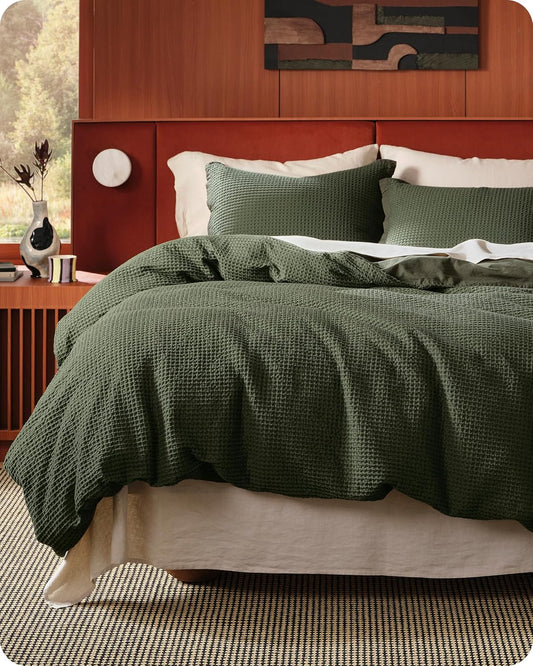 Bedsure Cotton Duvet Cover Full - 100% Cotton Waffle Weave Olive Green Duvet Cover Set, GentleSoft™ and Breathable Bedding Set for All Season, 3 Pieces, 80"x90"